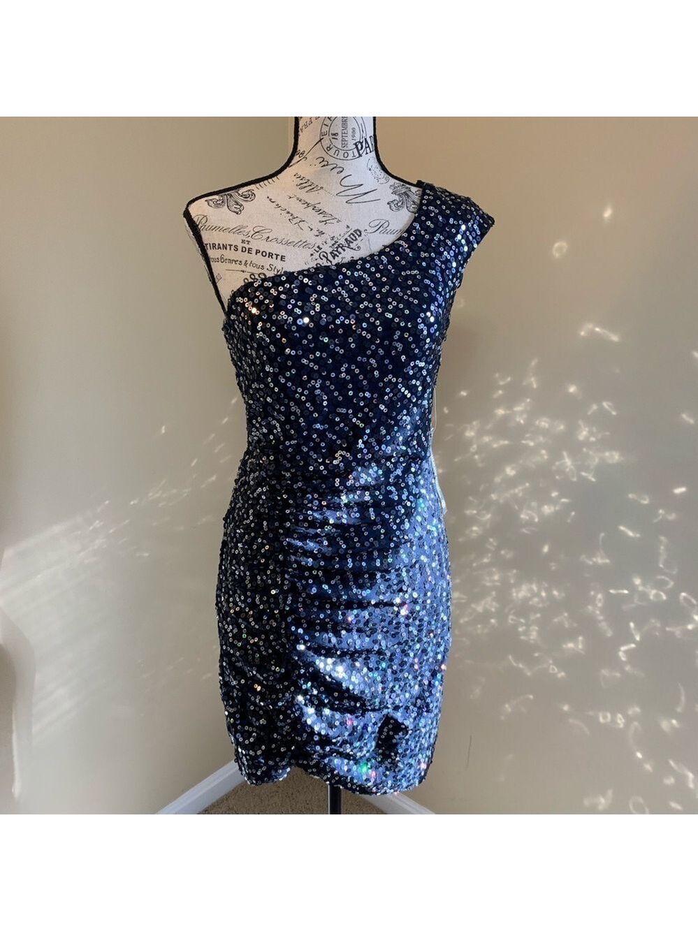 As U Wish Navy One Shoulder Sequined Cocktail Dress